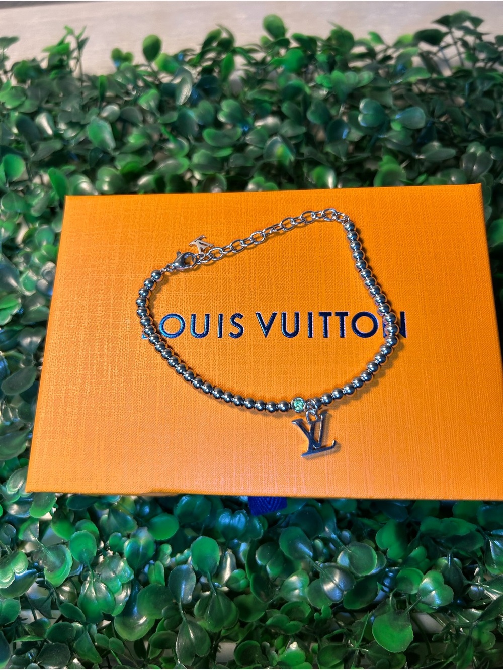 Louis Vuitton Silver Beaded Bracelet with LV Charm